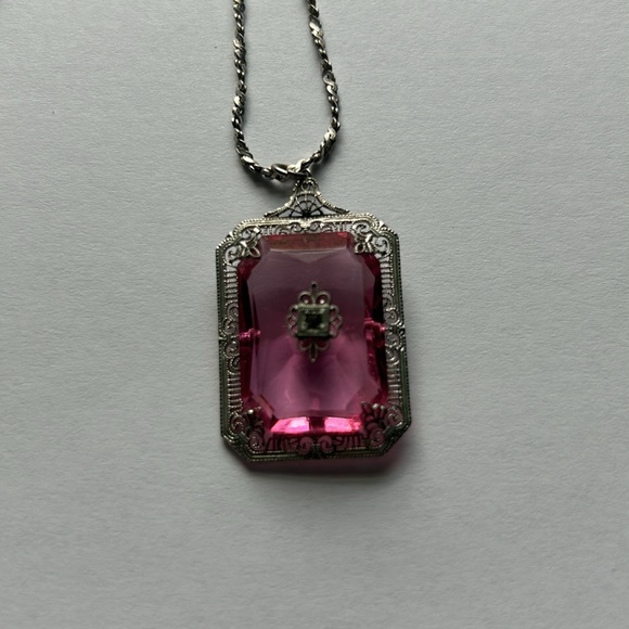 Vintage 1930s pink crystal sterling silver filigree necklace - Picture 2 of 4